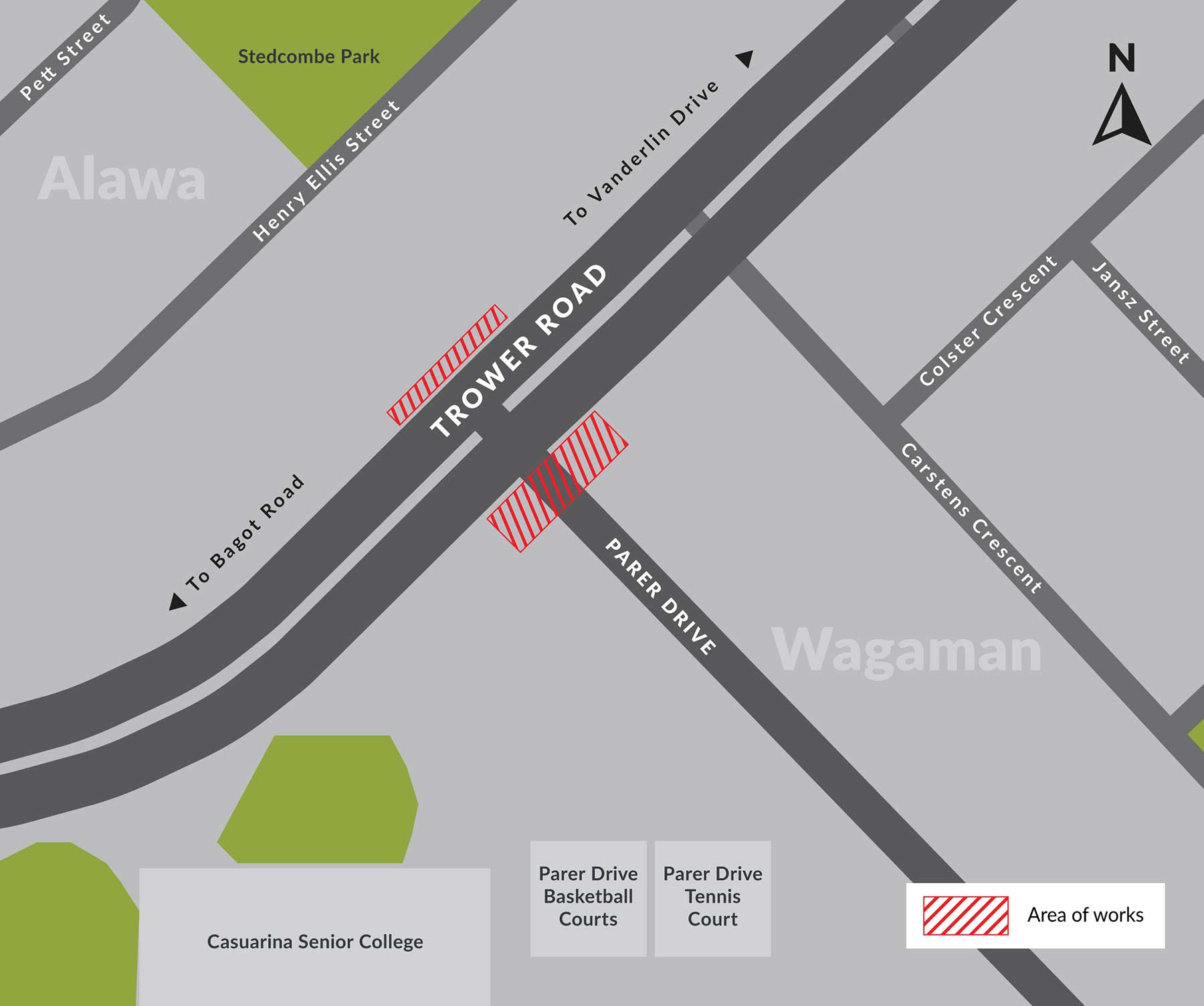 Map of pedestrian crossing at Trower Road and Parer Drive intersection