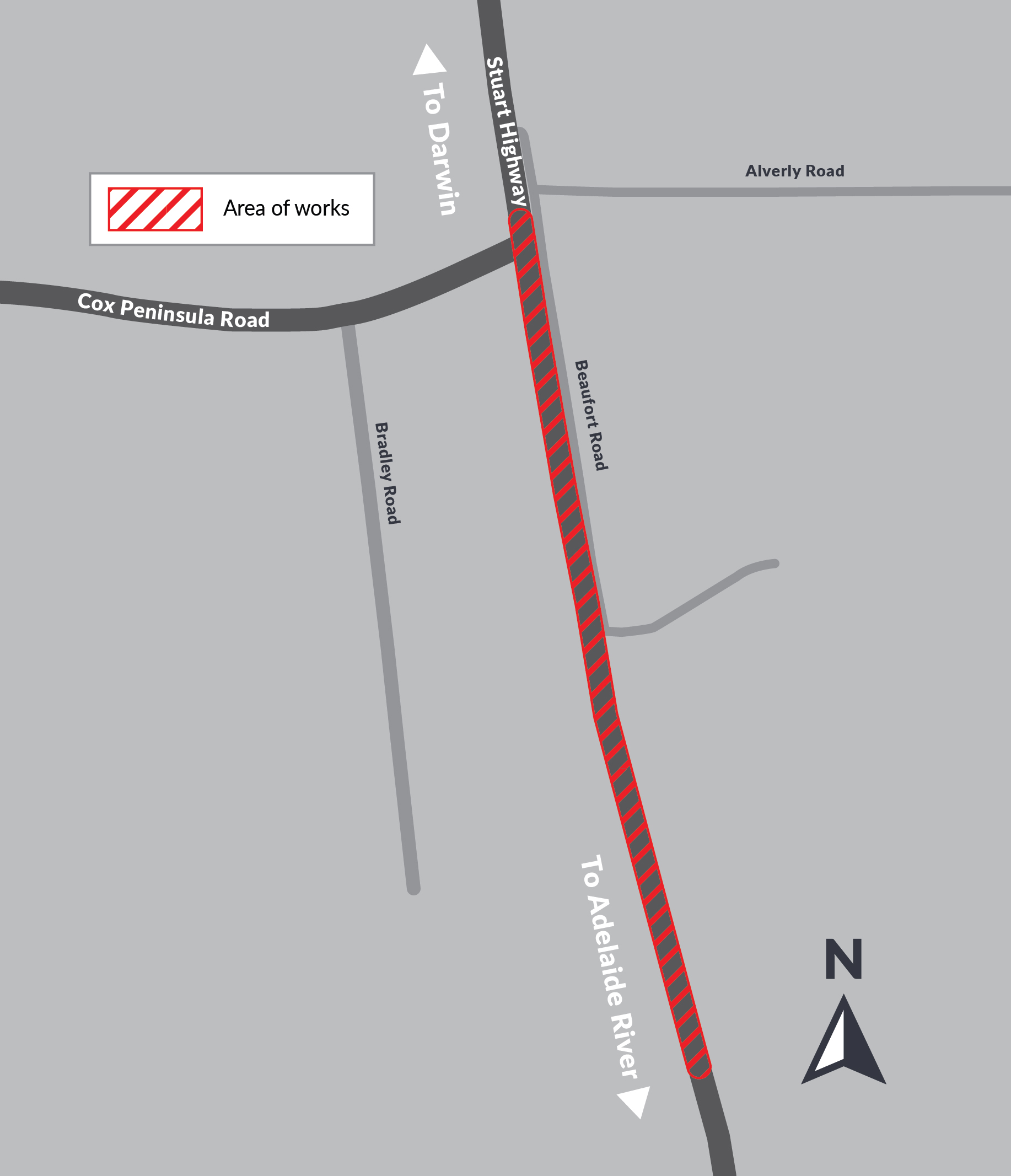Map of the Stuart Highway and Cox Peninsula Road intersection with area of works highlighted